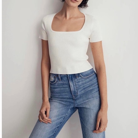 2 Madewell Square-Neck Crop Sweater Tee Black & White Size S - Picture 2 of 9